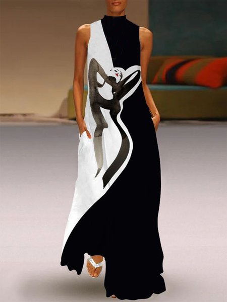 

Stand Collar Abstract Elegant Sleeveless Woven Dress, Black, Maxi Dresses