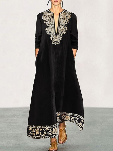 

Deep V Tribal Vacation Long Sleeve Woven Dress, Black, Maxi Dresses