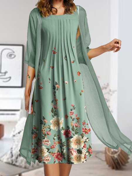 

Half Sleeve Loose Floral Round Neck Two Piece Dress, Green, Midi Dresses