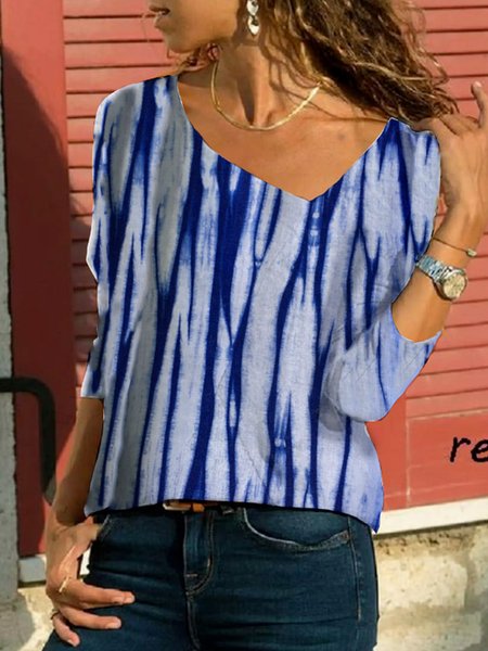 

V Neck Striped Loosen Long Sleeve Tops, Blue, Shirts & Blouses