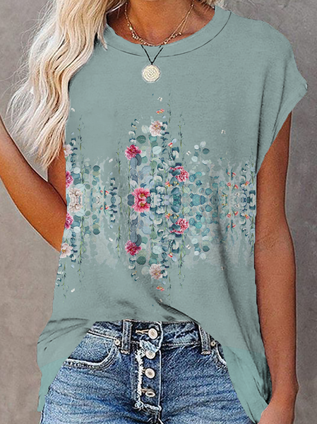 

Loosen Crew Neck Casual Short Sleeve T-Shirt, Aqua, T-Shirts
