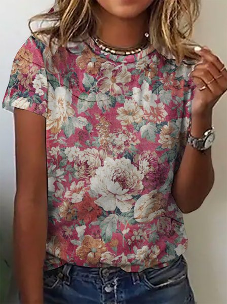 

Casual Floral Short Sleeve Round Neck Plus Size Printed Tops T-shirts, Red, T-Shirts