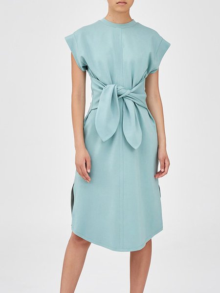 

Casual Solid Crew Neck Short Sleeve Knit Dress, Light blue, Midi Dresses