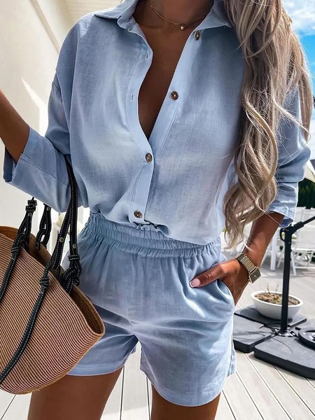 

Button Design Casual Shirt & Shirred Shorts Set, Blue, Suit Set