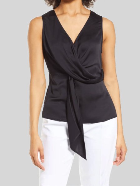 

Summer Lightweight Sleeveless Simple V Neck Woven Daily, Black, Tunics
