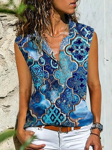 

Geometric Stand Collar Short Sleeve Blouse, Blue, Blouses & Shirts
