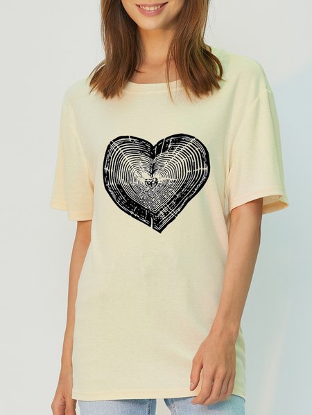 

Casual Simple Heart Print Eco-friendly Fabric T-Shirt, Off white, T-shirts