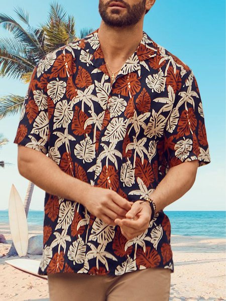 

Shirt Collar Cotton Blends Vacation Short Sleeve Shirt, Red, Shirts ＆ Blouse