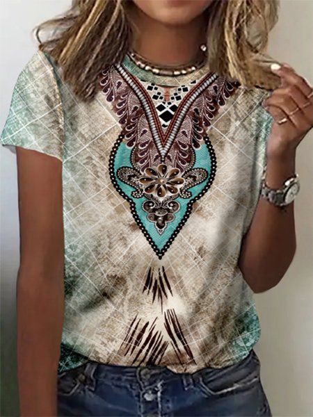 

Tribal Pattern Short Sleeve Crew Neck Plus Size Casual Tops, Multicolor, T-Shirts