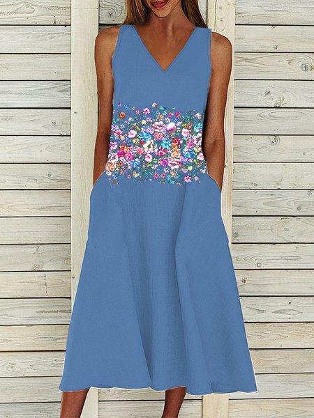 

V Neck Floral Sleeveless Woven Dresses, Blue, Dresses