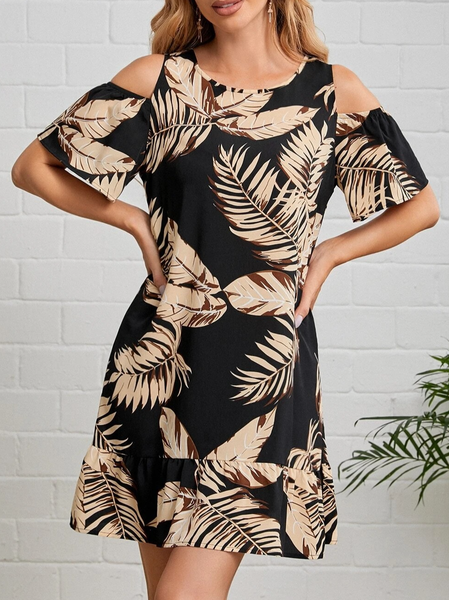 

Crew Neck Casual Short Sleeve Woven Dress, Black, Dresses