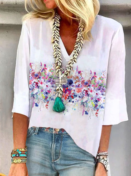 

V Neck Floral Vacation Short Sleeve Tops, White, Blouses & Shirts
