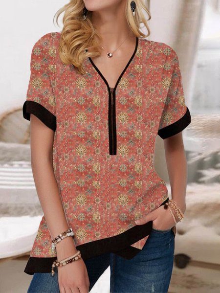 

Regular Fit Tribal V Neck Short Sleeve Tops, Red, Shirts & Blouses