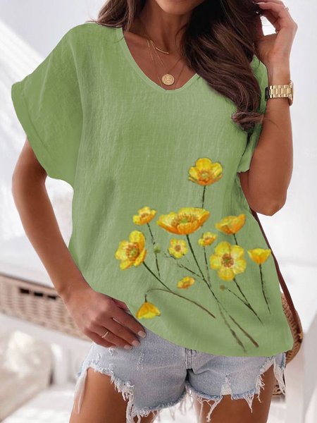 

V Neck Loosen Floral Short Sleeve Tops, Green, Tops