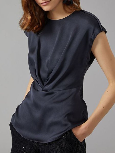 

Elegant Solid Regular Fit Short Sleeve Tops, Black, Blouses and Shirts
