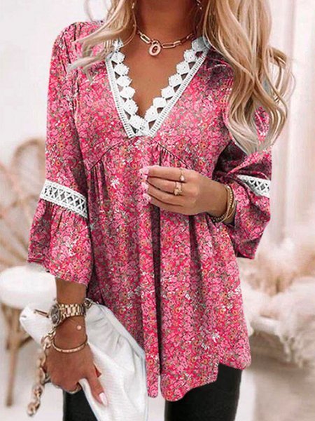 

V Neck Loosen Tribal Long Sleeve Tops, Red, Tops