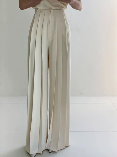 

White Daily Long Elegant Plain Pants, Wide Leg Pants
