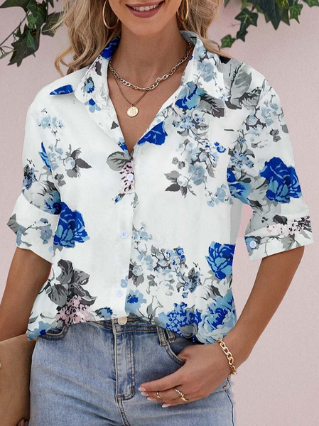 

Loosen Shirt Collar Floral Mid Sleeve Blouse, White, Shirts & Blouses