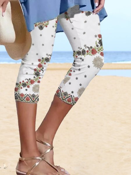 

Beach Holiday Tribal Printed Regular Fit Cropped Pants Plus Size, White, Pants