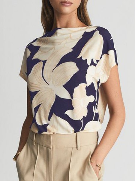 

Vacation Crew Neck Short Sleeve Printed Top, Blue, Tops
