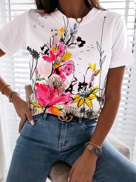 

V neck Vacation Regular Fit Short Sleeve T-Shirt, White, T-Shirts