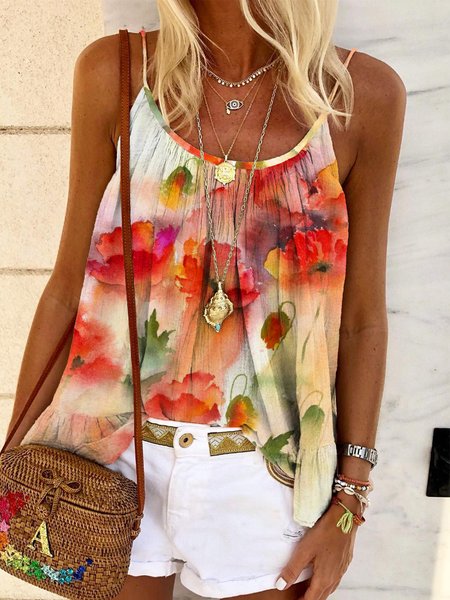 

Casual Floral Sleeveless Round Neck Plus Size Printed Top Vests, Red, Tank Top