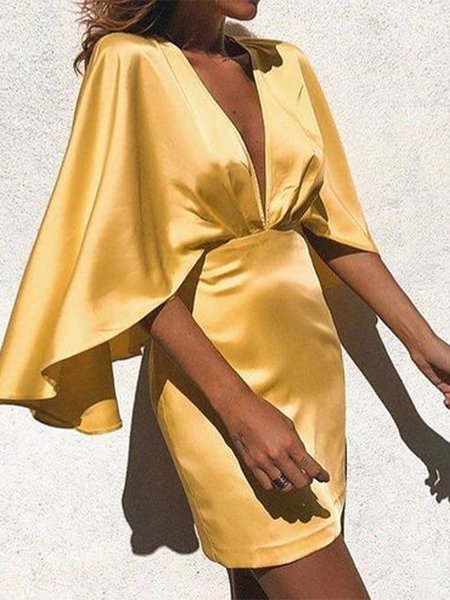 

Elegant V Neck Short Sleeve Woven Mini Dress, Yellow, Mini Dresses