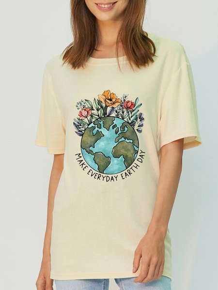 

Casual Simple Earth Floral Letter Print Eco-friendly Fabric T-Shirt, Off white, T-shirts