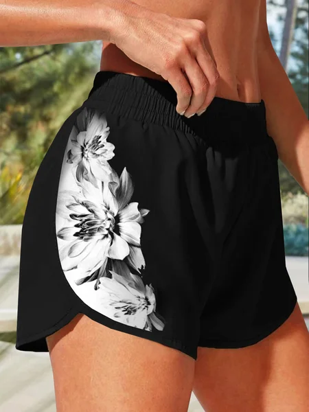 

Vacation Floral Printed Casual Loosen Plus Size Shorts, Black, Shorts