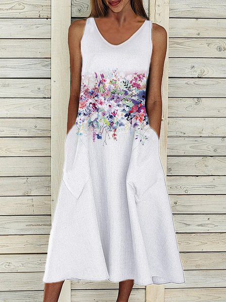 

Cotton Short Sleeve Woven Dress, White, Midi Dresses