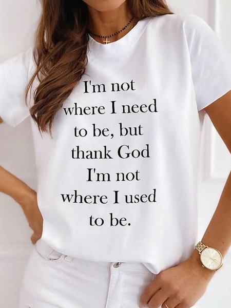 

Round Neck Letter Casual Short Sleeve T-Shirt, White, T-Shirts