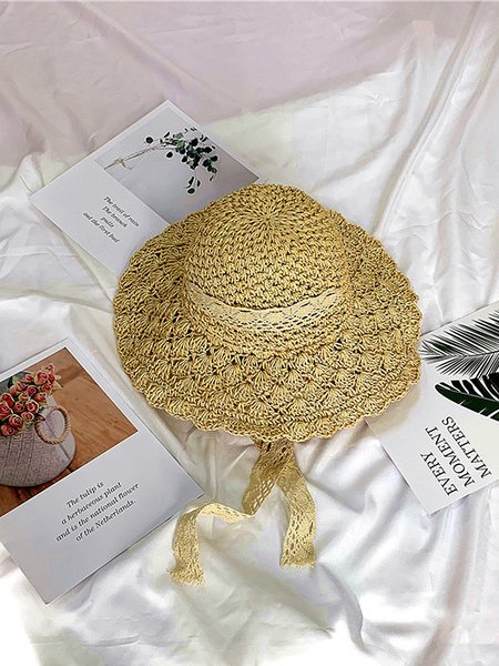 

JFN Sunscreen Lace Strap Beach Hat Straw Hat, Beige, Women Hats