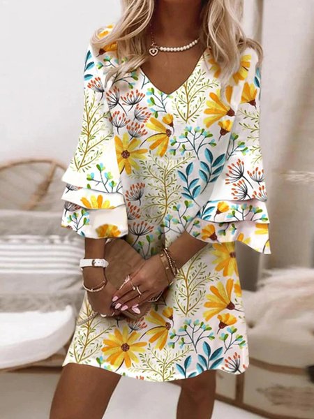 

Casual Floral V Neck Short Sleeve Woven Dress, Color1, Mini Dresses