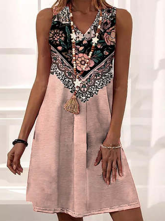 

Tribal Floral Regular Fit Casual Sleeveless Knitting Dresses, Multicolor, Mini Dresses