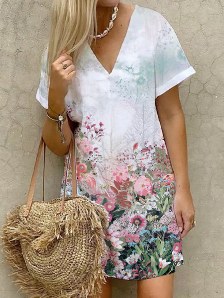 

Floral Vacation Shirt Sleeve Short Sleeve Woven Dress, Multicolor, Dresses