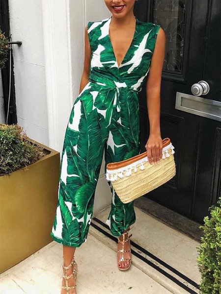 

Vacation Regular Fit V Neck Jumpsuit, Green, Jumpsuits