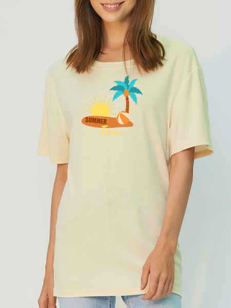 

Summer Time Vacation Crew Neck Tencel Fiber Short Sleeve Tops, White-yellow, T-shirts