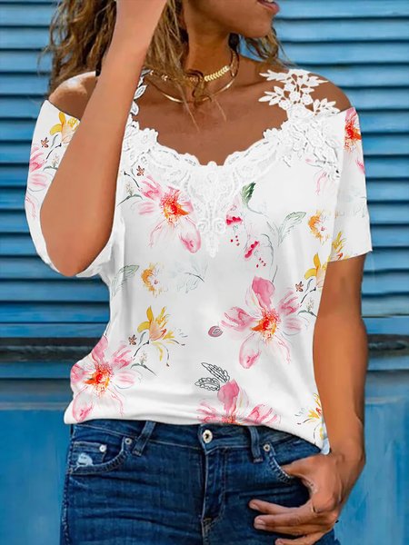 

Casual Floral Short Sleeve V Neck Plus Size Printed Tops T-shirts, Pink, T-Shirts