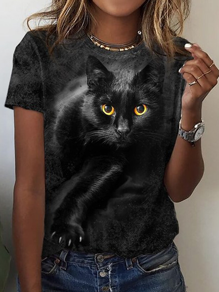 

Loosen Animal Casual Short Sleeve Tops, Black, Tops