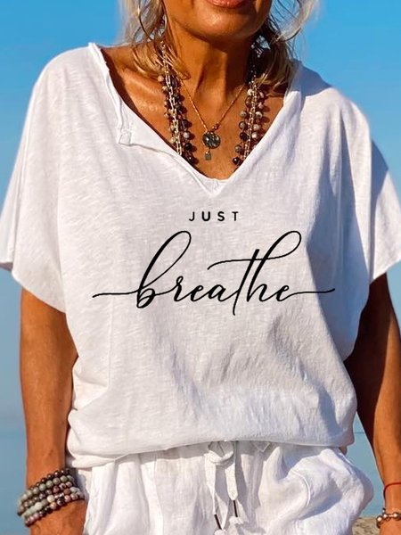 

Women's Just Breathe Letter Short Sleeve T-Shirt, White, T-shirts