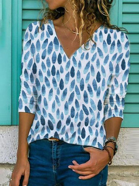 

Casual V Neck Geometric Long Sleeve Tops, Blue, Shirts & Blouses