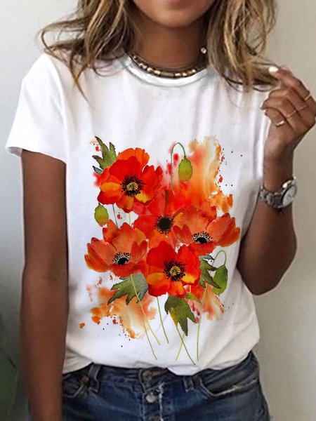 

Casual Floral Loosen Round Neck Short Sleeve T-Shirt, White, T-Shirts