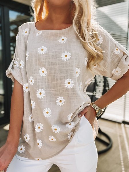 

Vacation Crew Neck Floral Short Sleeve Tops, Light khaki, Tops