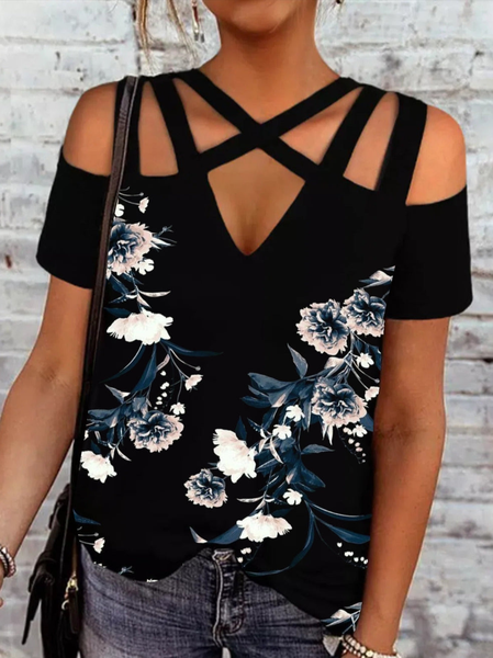 

V Neck Regular Fit Floral Short Sleeve Tops, Black, Shirts & Blouses