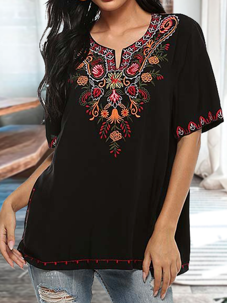 

Vintage Loosen Notched Short Sleeve Tops, Black, Tunics