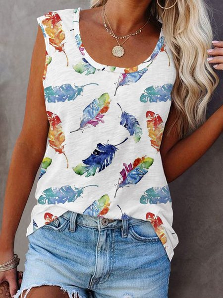 

Vacation Feather Printed Casual Loosen Crew Neck Plus Size Knit, Flower, Tank Top
