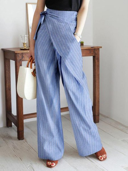 

Casual Daily Regular Fit Striped Pants, Blue, Wide Leg Pants