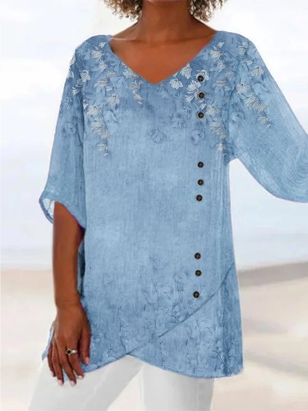 

Casual Floral Three Quarter V Neck Plus Size Printed Tops, Blue, Tops