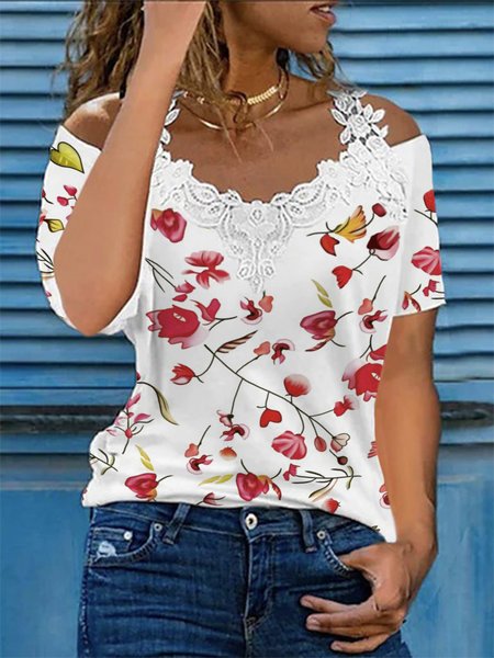 

Floral Short Sleeve Lace V Neck Plus Size Casual T-Shirt, White, T-Shirts