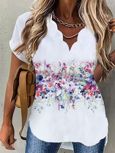 

Casual Floral V Neck Short Sleeve Tops, White, Tops